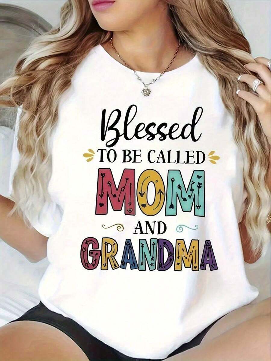 Camiseta de manga corta con cuello redondo para mujer con diseño de vínculo familiar entre madre y abuela - Blusa casual de verano, regalo ideal para el Día de la Madre, atuendo casual cómodo para los abuelos, transpirable y cómoda. - Negro - Ver 1