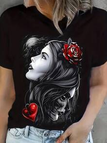 Short-Sleeved T-Shirt For Female Students And Young Girls, Loose Fit, Korean Summer Style, Plus Size, For Middle-Aged Women, Elegant And Rejuvenating, Half-Sleeve, Versatile, Black, Extra-Large, Round Neck Top, Casual Fashion Printed T-Shirt For Women, Popular Slim-Fit T-Shirt, Thin Base T-Shirt, Fashionable. - 黑色 - 查看 6