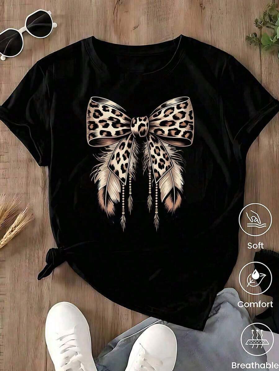 Unisex Casual One-Piece T-Shirt! The Women's Version Features A Classic Black Base With A Leopard And Lion Print, Offering A Retro-Chic And Versatile Style. Effortlessly Create A Casual Urban Look, Suitable For Everyday Wear, Vacations, And Leisure Activities. - .. - 查看 1