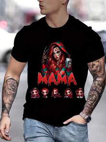 Camiseta de Moda Impresa en 3D para Hombre - Poliéster Casual, Lavable a Máquina, Cuello Redondo, No Transparente - Negro - Ver 1