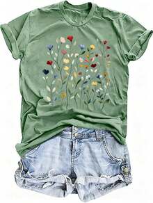 Camisetas de flores vintage para mujer, lindas camisetas con estampado floral, camisetas bohemias de flores silvestres, camisetas casuales de verano de manga corta - Verde1 - Ver 6