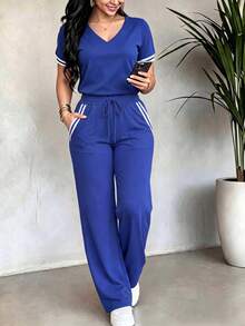春夏秋女款新款V領拼接短袖T恤搭配休閒日常彈性腰帶口袋寬鬆長褲2件套優雅 - 藏蓝色 - 查看 2