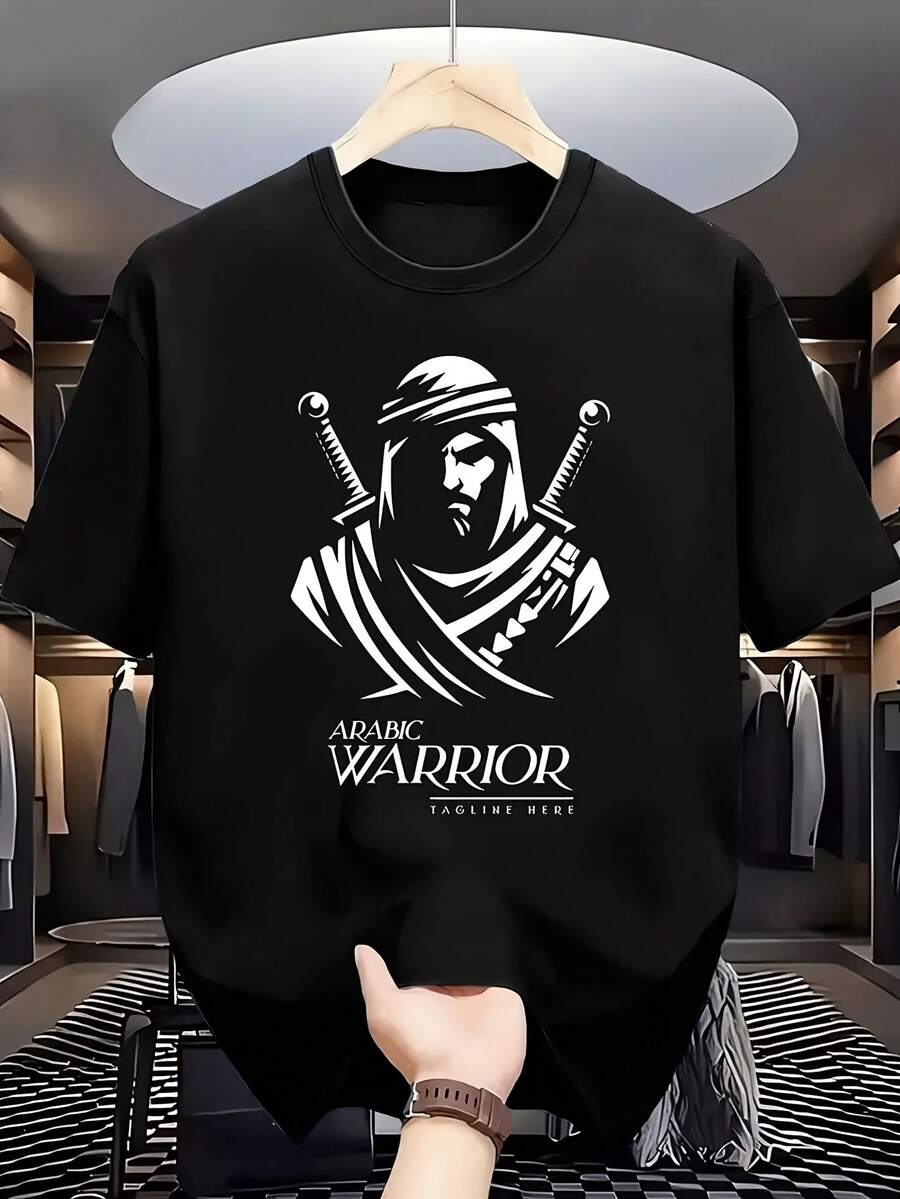 Camiseta de verano 2026 para hombre con diseño de guerrero árabe, base negra con estampado blanco, camiseta ligera de verano, adecuada para cosplay, eventos temáticos, uso casual, camiseta de cuello redondo de corte regular, muy adecuada para el uso casual y versátil de hombres de Oriente Medio en todas las estaciones, colección de la Copa Mundial 2026, tops, camisas de mujer, ropa de hombre. - Negro - Ver 1