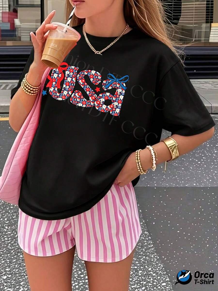 Women's T-Shirt Made Of Pure Cotton, Y2K Style, Personalized And Fashionable, Loose Fit And Short Sleeves, Urban Style Elegance, Casual And Breathable For Everyday Wear, With A Creative Print That Includes The American Flag Element, Ideal For Summer, A Gift For Outdoor Sports. - 黑色 - 查看 1