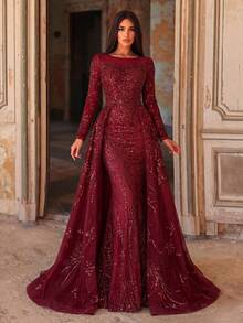 Faeriesty Đầm dạ hội dài tay đính sequin dáng đuôi cá sang trọng dành cho nữ - Thêu tinh xảo, dáng ôm xòe, đính pha lê toàn thân, thích hợp cho các buổi tiệc cưới trang trọng, sự kiện thảm đỏ, dạ hội và các buổi lễ kỷ niệm. - Màu Đỏ Sâu - Xem 5