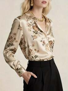 Camisa elegante de satén con estampado floral de manga larga y botones delanteros para primavera y vacaciones - Color - Ver 4