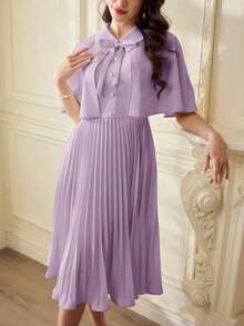 Conjunto elegante vintage clásico de 2 piezas para mujer con capa y mantón de primavera y verano, y vestido con cuello plisado en beige para vacaciones, atuendos de verano para mujer, atuendos casuales de negocios para mujer, atuendos de primavera para mujer, atuendos de profesora para mujer, atuendos de festival para mujer, vestido de Pascua para mujer, ropa de mujer para vacaciones tropicales, vestidos blancos para mujer, vestidos de cumpleaños para mujer, conjuntos de 2 piezas, ropa de iglesia para señoras, vestido de graduación para mujer - Púrpura malva - Ver 4