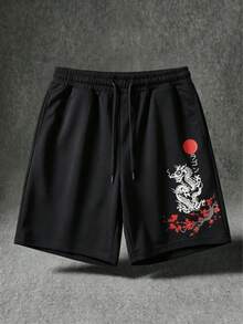 Quần short nam FRACTYR mùa hè, phong cách đường phố thường ngày, in hình rồng Trung Quốc và hoa anh đào, dáng rộng, chất liệu mềm mại. - màu đen - Xem 3