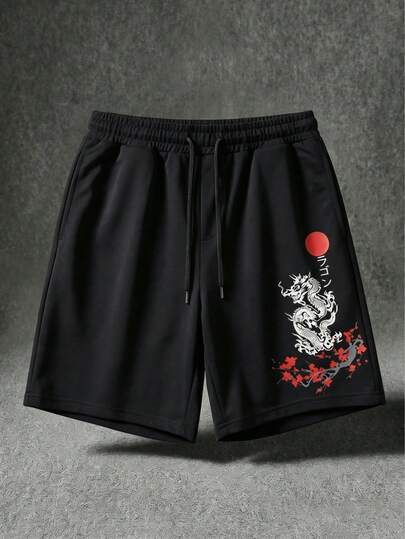  FRACTYR 男士夏季休闲街头时尚中国龙樱花印花宽松柔软触感短裤
