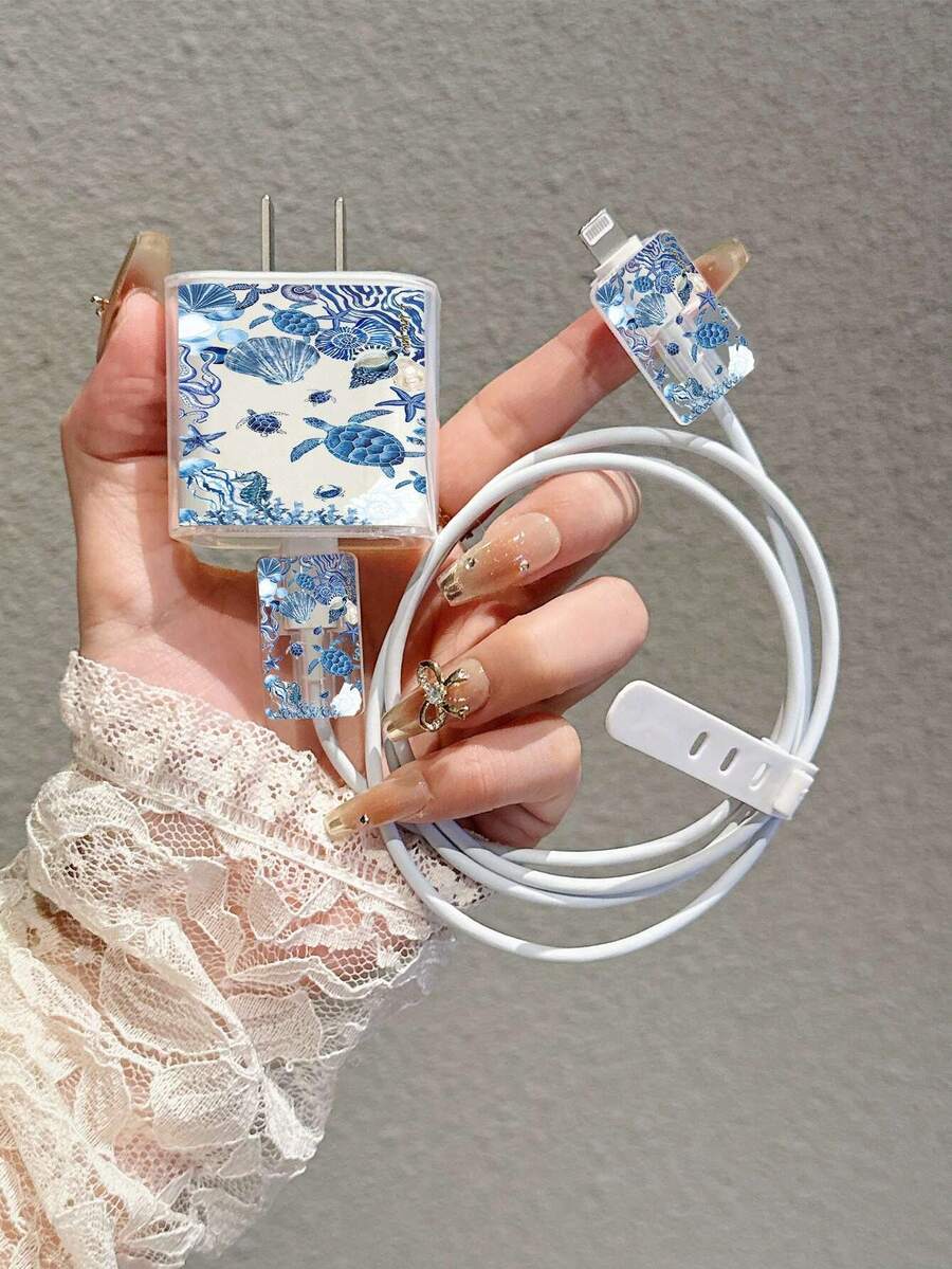 高品質海洋海龜圖案數據線充電器保護套，數據線收納，識別標記，適用於 iPhone 17 16 15 14 13 12 11，20W 充電器適配器 - 彩色 - 查看 1