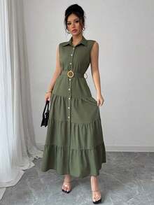 PETITE Vestido casual de verano para mujer de unicolor con botones y sin mangas - Verde militar - Ver 5