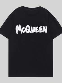 McQueen Boldly Displayed A Handwrittenstyle Font On The Shirt Front Reflecting Youthful Energy & Unique Street Tee Fashion For Casual Comfort 100% Cotton - màu đen - Xem 7