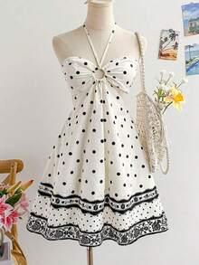 Vestido romántico de vacaciones casuales, azul y blanco, con estampado de flores, cuello halter, cintura ajustada y escote hueco para mujeres - Multicolor 4 - Ver 1