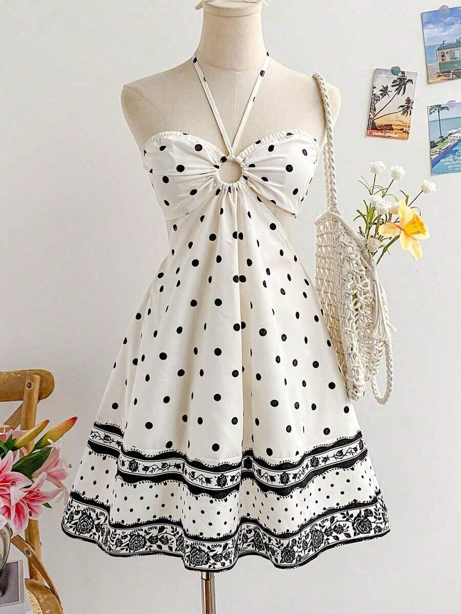 Vestido romántico de vacaciones casuales, azul y blanco, con estampado de flores, cuello halter, cintura ajustada y escote hueco para mujeres - Multicolor 4 - Ver 1