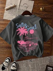 1 pieza - SALTY SOUL Camiseta de manga corta con cuello redondo para mujer, estampado de árbol de coco y sol, nueva colección primavera/verano, estilo casual, versátil y a la moda, esencial para uso diario y vacaciones. Camiseta Estampada de Vacaciones para Mujer-1XL-5XL 180g Algodón 100% - Blanco - Ver 7