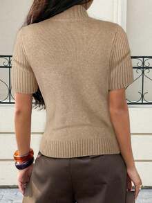 Blusa de punto de cuello alto de manga corta de unicolor para mujer, marrón oscuro, para todas las estaciones - Albaricoque 2 - Ver 2