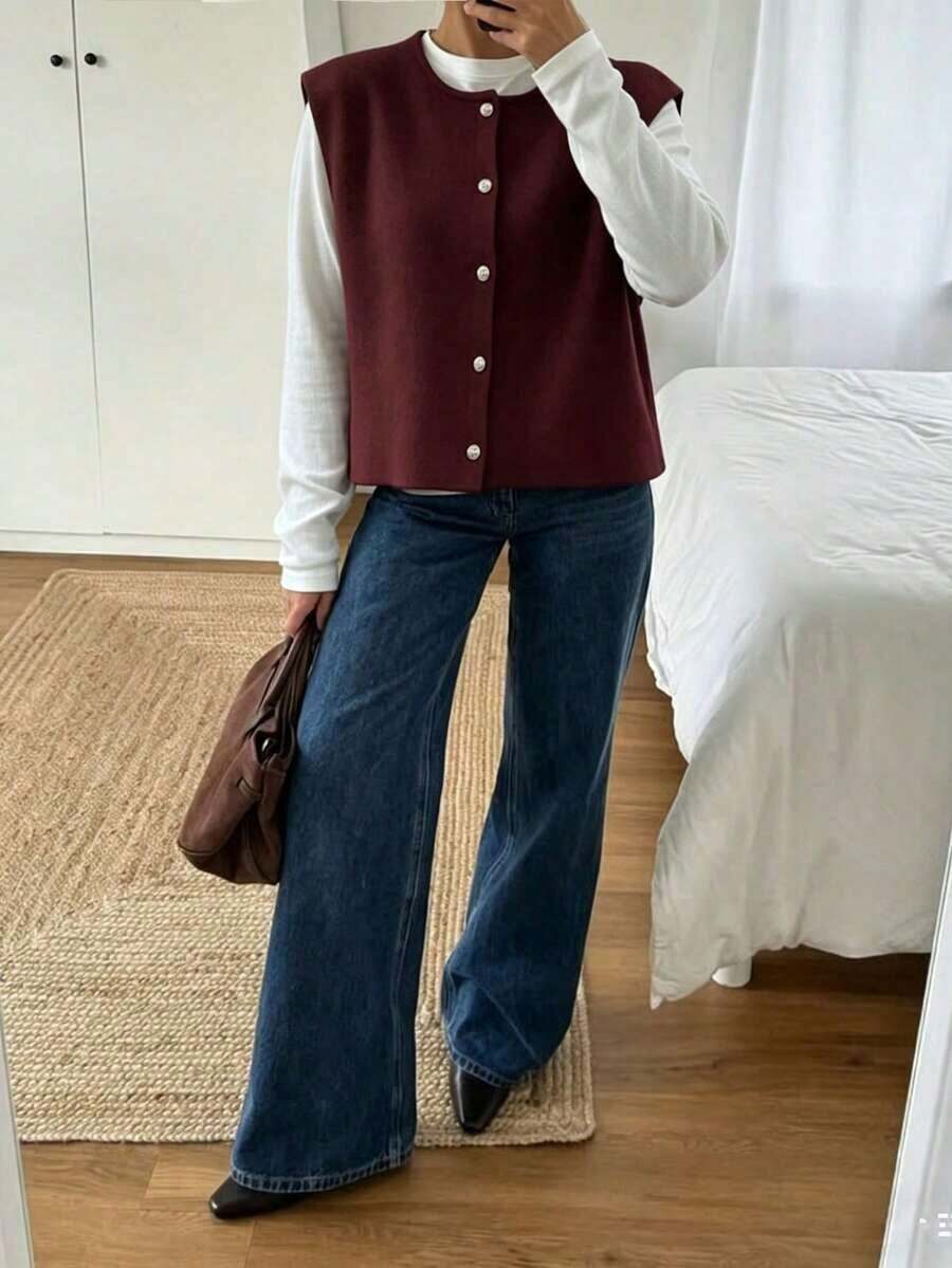 Chaleco de lana de unicolor apricot de mujer, informal, con botones metálicos - Burdeos - Ver 1