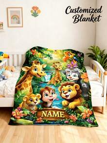 Personalized Custom Name Fleece Blanket, Jungle Wildlife Lion Giraffe Monkey Cartoon Print, Soft Cozy Throw Blanket For Kids Room And Baby Nursery - Multicolor - View 2