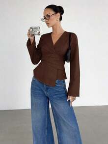 Camisa ajustada de mujer de manga larga con cuello en V a rayas - Café integral 2 - Ver 5