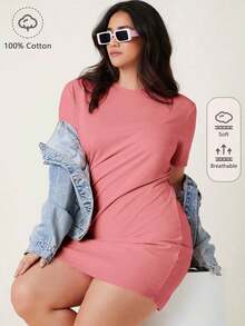 BASICS Vestido De Camiseta Sólida De Manga Corta Para Tallas Grandes - Rosa vieja - Ver 6