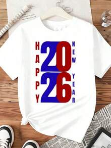 Women's Short-Sleeved T-Shirt With A Happy New Year 2026 Graphic Print, Casual Wear For Holiday Celebrations, Ideal For Winter, Spring, Summer, Autumn, And Everyday Wear. Cotton T-Shirt. - 白色 - 查看 4