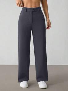 Pantalones rectos casuales de mujer de unicolor con cinturón - Gris Oscuro - Ver 5