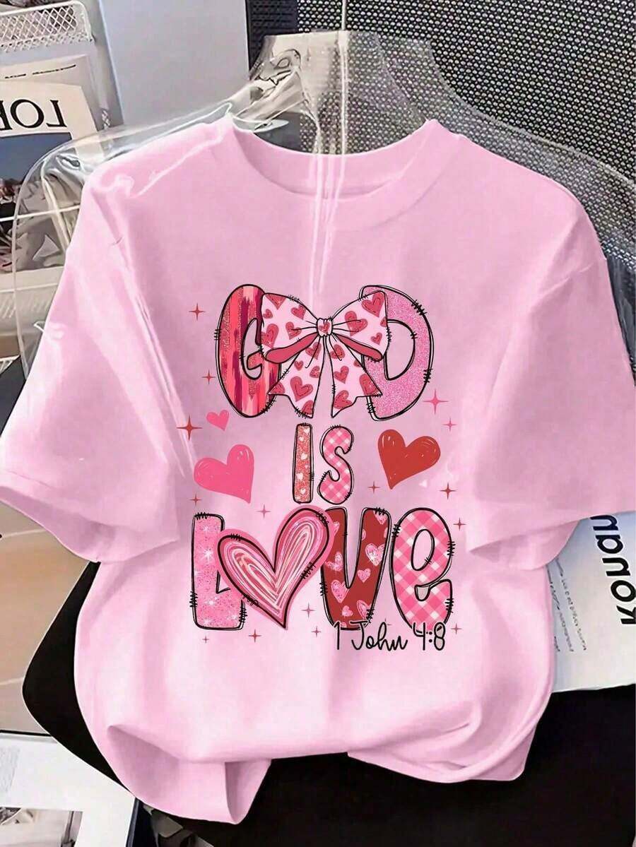 Camiseta de manga corta con estampado de lazo, versátil para uso diario y desplazamientos, de para mujer, verano. - Rosa - Ver 1
