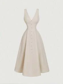 xheSHEIN MOD Vestido midi de mujer con cintura ceñida y sin mangas de lino, atuendo de vacaciones, vestido de verano, vestimenta occidental para mujer, atuendo de campo, ropa de playa de vacaciones, vestido bohemio para mujer, ropa de mujer para vacaciones tropicales, Mardi Gras, vestido de verano, vestidos de verano para mujer, vestido de fiesta de téxhe - Albaricoque - Ver 5