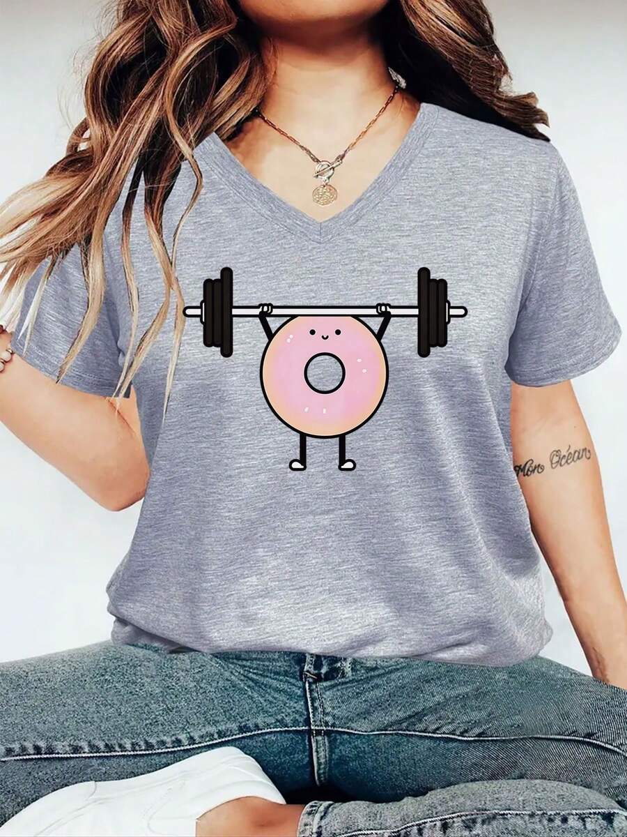 Talla grande - talla extra grande - camiseta de mujer, hecha de algodón puro, tela ligera y transpirable, diseño de cuello redondo, diseño estampado, corte de manga corta, adecuada para primavera y verano. - Gris Claro - Ver 1