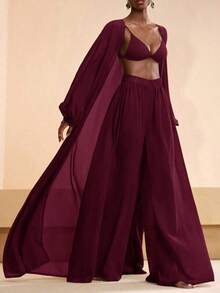 Conjunto de kimono y pantalones palazzo elegantes y casuales para la playa, 2026 - Morado 2 - Ver 2
