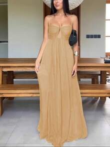 Vestido largo verano tirante cuello U amplio estilo vacaciones mujer 2026 - Caqui - Ver 1