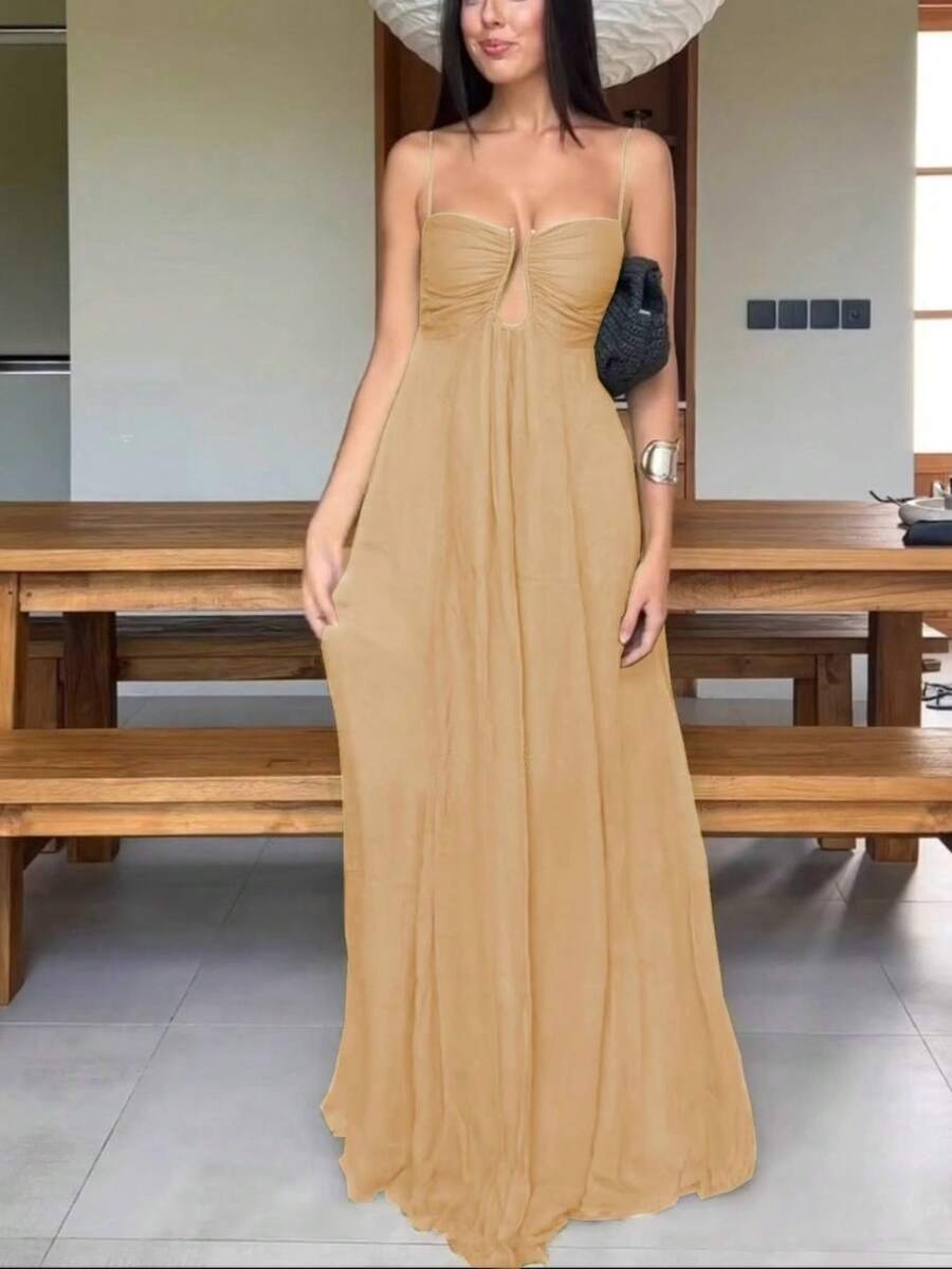 Vestido largo verano tirante cuello U amplio estilo vacaciones mujer 2026 - Caqui - Ver 1