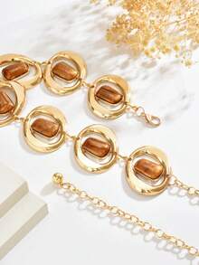 1pc Vintage Fashionable Personalized Metal Hollow Circle Faux Gemstone Inlaid Waist Chain, Bohemian Versatile Waist Belt/Skirt Chain/Pants Chain, Suitable For Women's Daily And Party Wear - Brown - View 5