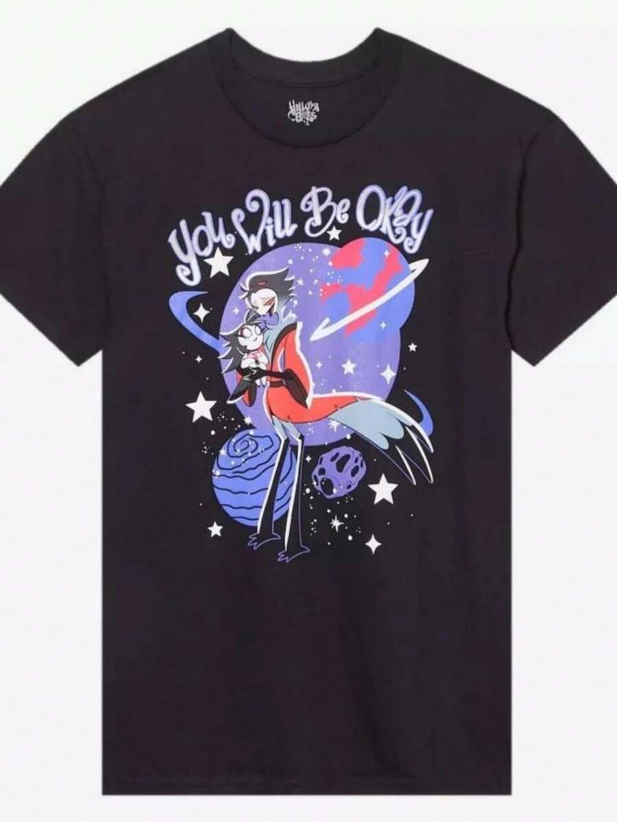 Women's Casual Round Neck Short Sleeve T-Shirt with Space-Themed Graphic Print, Regular Fit Knitted Fabric Top - Negro - Ver 1