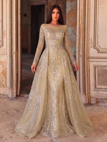 Faeriesty Đầm dạ hội dài tay dáng đuôi cá đính sequin sang trọng dành cho nữ - Thêu tinh xảo, dáng ôm xòe nhẹ, đính pha lê toàn thân, thích hợp cho các buổi tiệc cưới trang trọng, sự kiện thảm đỏ, dạ hội và lễ kỷ niệm. - Rượu sâm banh - Xem 7