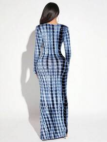 Vestido De Manga Larga Con Cuello En V Profundo Teñido Anudado Y Parte Inferior Ajustada - Azul marino - Ver 2