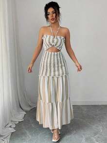 Vestido de tirantes finos con lazo en la cintura, estilo elegante y sexy con rayas, versátil para fechas, salidas, vacaciones, días festivos, vuelta al cole, atuendo de maestro, bodas, fiestas, festivales de música, Oktoberfest, Halloween, Acción de Gracias. Nuevos modelos de verano 2025. - Caqui - Ver 3