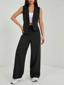 PETITE Conjunto de 2 piezas de ropa de otoño, top sin mangas y pantalón de unicolor - Negro - Ver 5