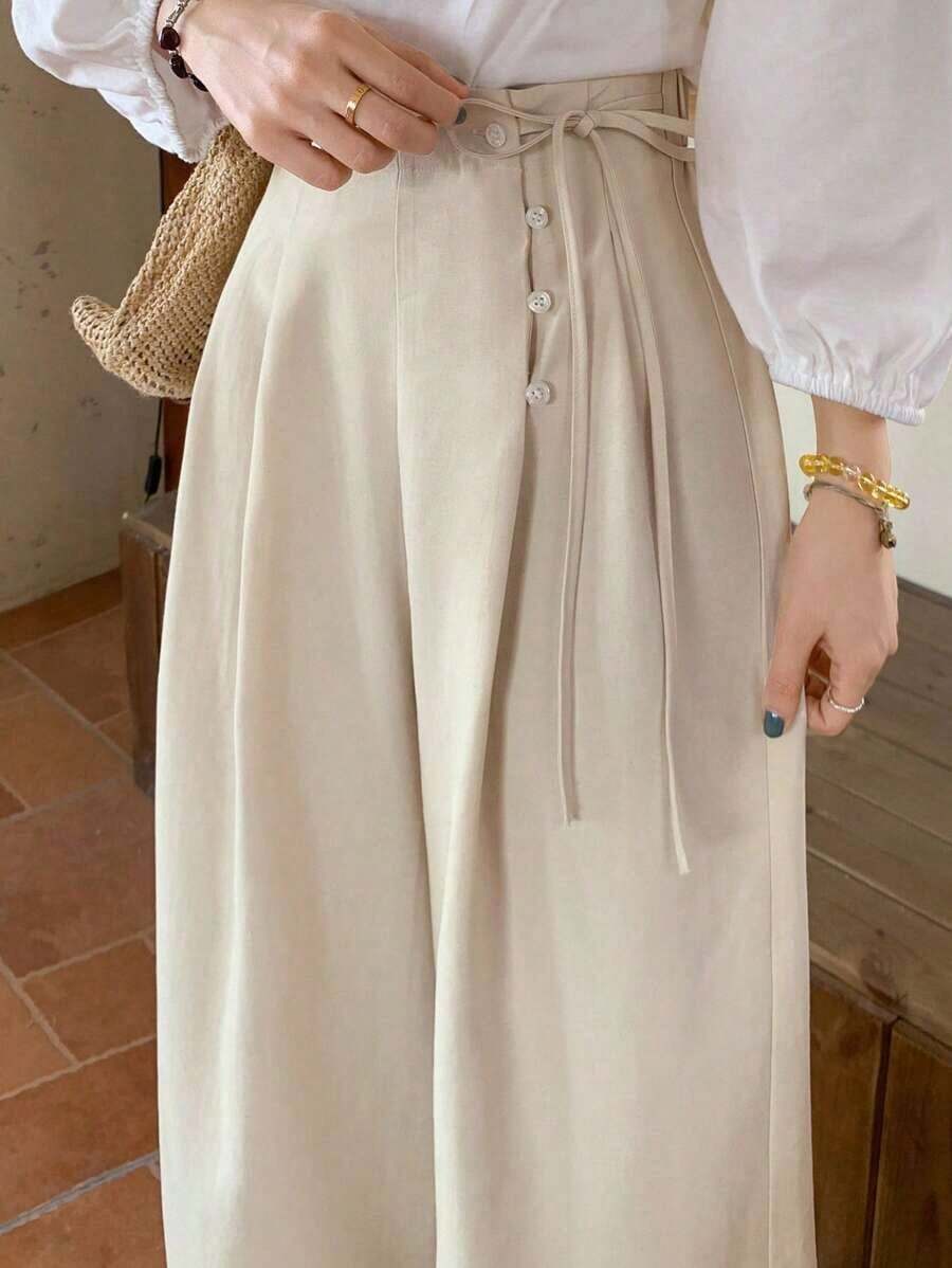 Pantalones de pierna ancha y cintura alta para mujer, estilo para trayecto, de lino para primavera y verano - Albaricoque - Ver 1