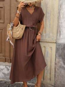 Vestido de mujer de manga corta holgado con cuello en V y medio abierto, de tela texturizada, adecuado para exteriores y vacaciones, primavera/verano - Marrón - Ver 6