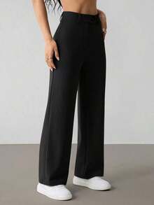 Pantalones rectos casuales de mujer de unicolor con cinturón - Negro - Ver 7