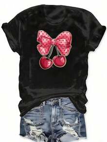 Camiseta con Estampado de Lazo de Cereza, Manga Corta, Cuello Redondo, Estilo Casual para Verano y Primavera, Ropa de Tallas Grandes para Mujer - Negro - Ver 3