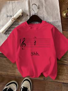 Women's Casual Holiday T-Shirt, Short Sleeve, With Treble Clef And Rest Note Print - 紅色 - 查看 12
