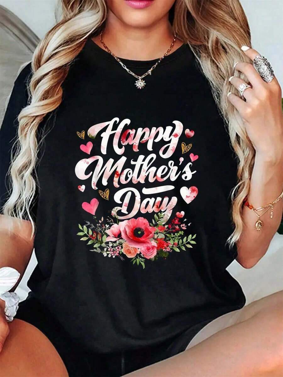 Camisetas Divertidas y Bonitas con Estampado Floral para el Día de la Madre, para Mujeres, Niñas, Mamás y Abuelas, Camisetas de Algodón con Cuello Redondo para Mujer, Tops de Verano Transpirables y Cómodos - Negro - Ver 1