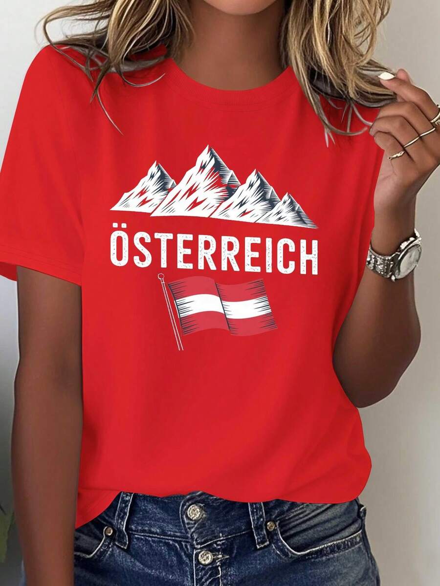 Camiseta suave para mujer con diseño de la bandera austriaca y montañas en efecto desgastado. - Rojo - Ver 1
