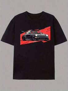 Short-Sleeved T-Shirt With A Dynamic Black Sports Car Graphic Print, American Streetwear Design With Graffiti Lettering, Perfect For Couples And Fashionable At The Top. - 黑色 - 查看 5