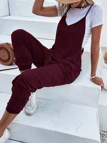 SUN - Shirtless Jumpsuit With Open Back And Double Pocket - 酒紅色 - 查看 10