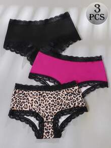 3pcs Y2K Harajuku Leopard Print & Lace Patchwork Women's Thong Panties Set - Multicolor - View 5