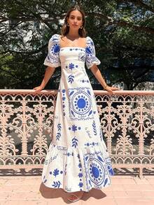 2026 Spring New Women's Clothing-Border European And American Dress Casual Off-Shoulder Sleeve Printed Long Dress - 28338-白底印花 - 查看 8