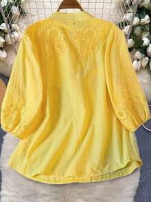 Blusa ligera y semitransparente con escote en V y bordados, para atuendos de verano, estilo campestre casual para vacaciones - Amarillo - Ver 2